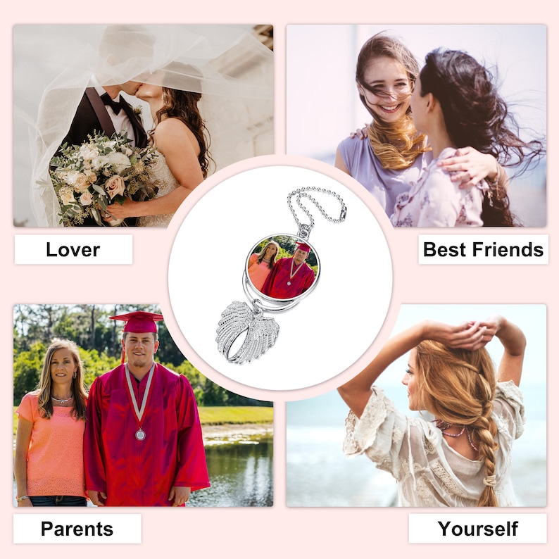 May include: A silver car charm with a round photo frame and angel wings. The photo frame has a picture of a couple in it. The charm is hanging from a silver chain.
