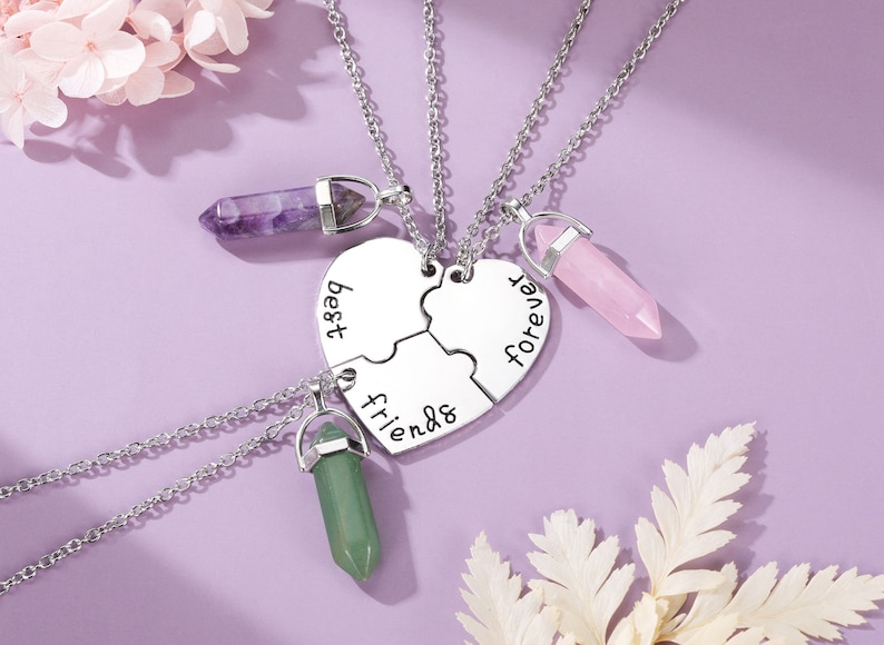 Beste vriend voor altijd en altijd kettingen, set van 4 vriendschapskettingen, BFF ketting, gespleten hart ketting, Pizzle stuk ketting, kristal Set of 3