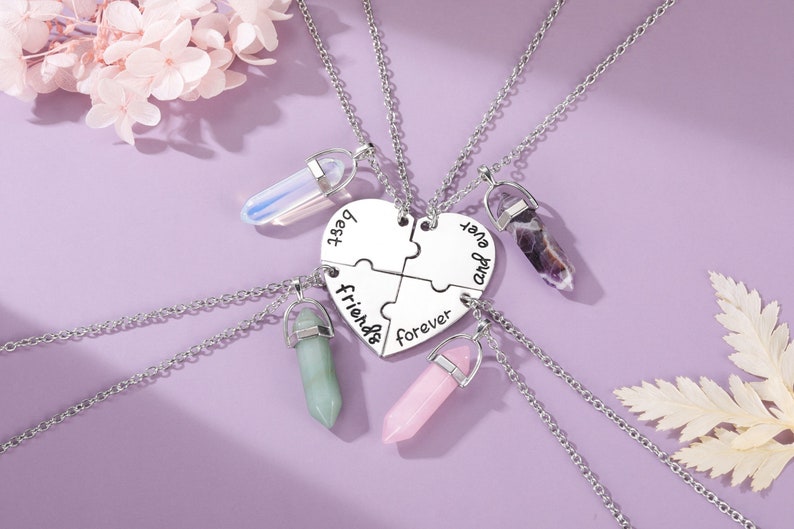 Beste vriend voor altijd en altijd kettingen, set van 4 vriendschapskettingen, BFF ketting, gespleten hart ketting, Pizzle stuk ketting, kristal Set of 4