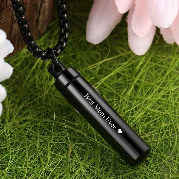 Peronalized Urn Necklace, Cylinder Capsule, Cremation Ash Pendant Necklace, Memorial Jewelry, Black Necklace, Remembrance Gift for Him