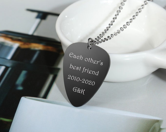 Engraved Guitar Pick, Black Guitar Pick Necklace, Personalized Stainless Steel Guitar Pick Necklace, Music Necklace, Gift For Musicians