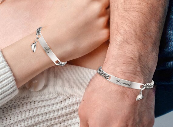 Personalized Couple Bracelets, Magnetic Heart Bracelet, Stainless Steel Cuban Curb Link Chain Bracelet, Custom ID Tag Bracelet Bangle