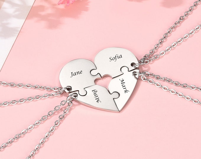 Personalized Puzzle Piece Necklace, BFF Necklace, Stainless Steel, Set of 4