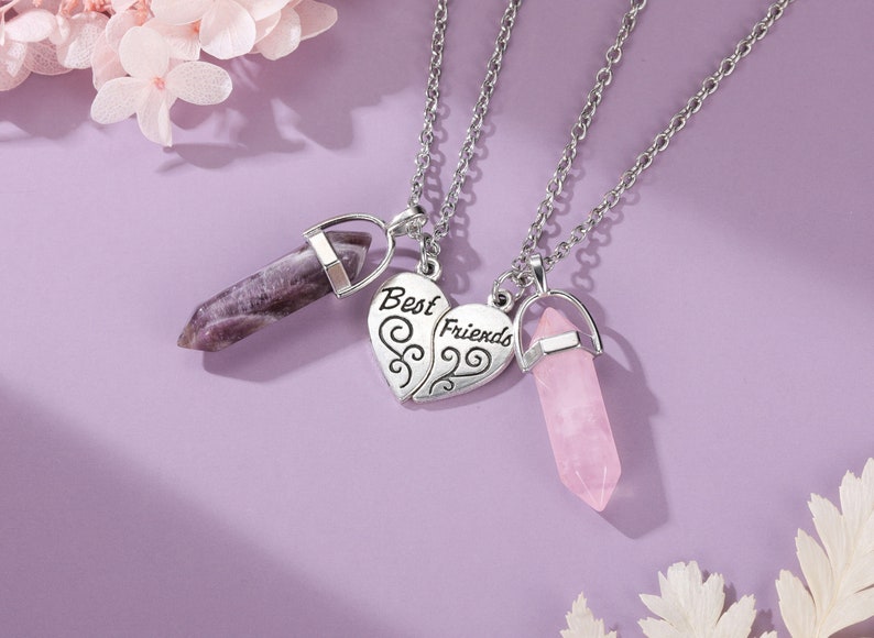 Beste vriend voor altijd en altijd kettingen, set van 4 vriendschapskettingen, BFF ketting, gespleten hart ketting, Pizzle stuk ketting, kristal Set of 2