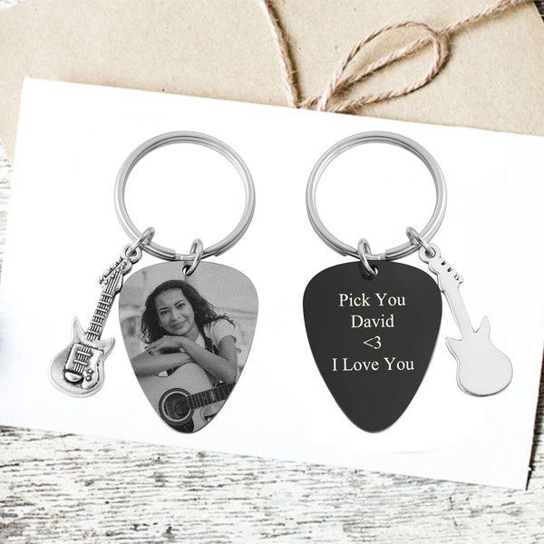 Guitar Pick Key chain, Custom Guitar Pick Message, Personalized Photo keychain, Music Lover, Guitar Pick for Husband, Dad, Boyfriend