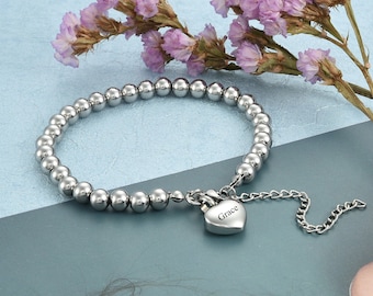 Personalized Heart Cremation Bracelet: Stainless Steel Ashes Holder, Memorial Gift