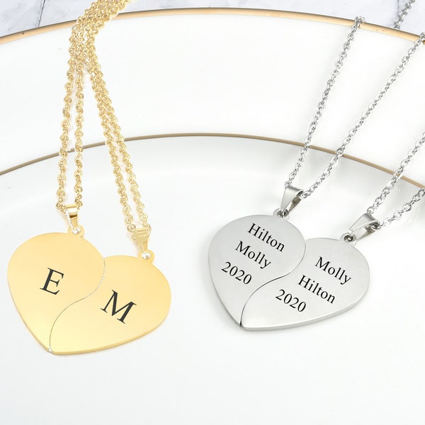 Personliazed Friendship Necklaces for 2, BFF Gifts for Her, Heart Matching Necklaces, Puzzle Pieces Necklace, Custom Couple Wedding Gift