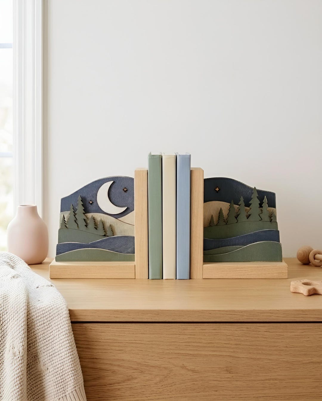 Woodland Bookends Forest Nursery Decor Mountain Night Scene Moon and ...