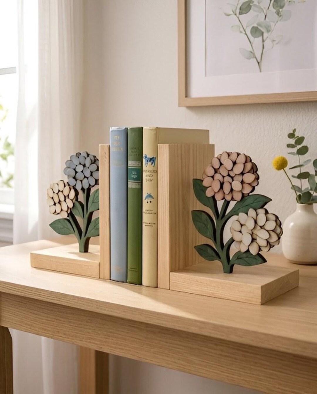 hydrangea-wood-bookends-floral-wooden-bookends-cottagecore-decor