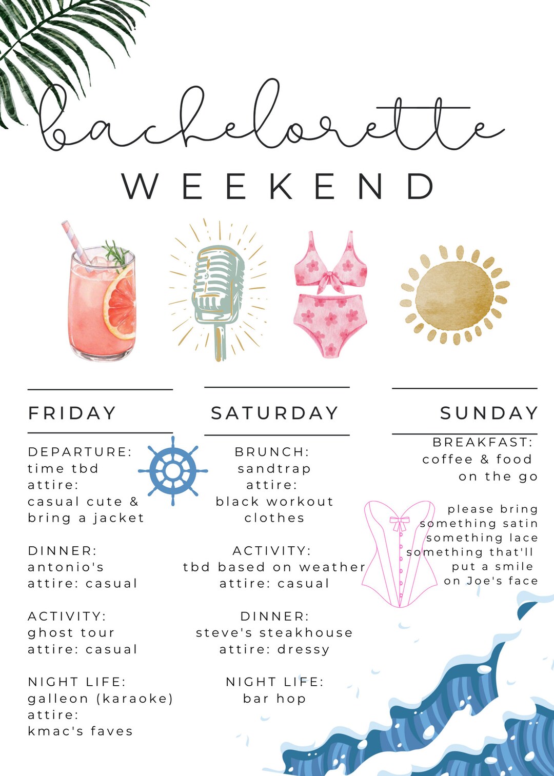Bachelorette Weekend Itinerary Template - Etsy