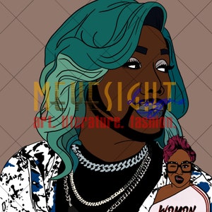 May include: A digital illustration of a person with teal and green hair wearing a black and white patterned jacket, a black shirt, and a silver chain necklace. The person is looking to the right. A second person with pink hair is visible in the lower right corner of the image. The text "WOMAN" is visible on the second person's shirt.