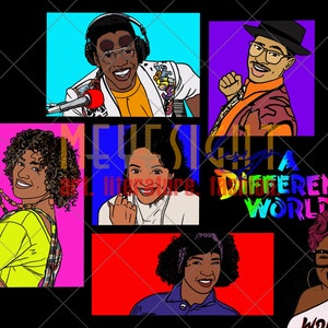 Puede incluir: Un collage de imágenes coloridas con el elenco del programa de televisión "A Different World". Las imágenes están dispuestas en una cuadrícula y presentan a los personajes en varias poses. El texto "A Different World" está escrito en colores arcoíris en el centro de la imagen.