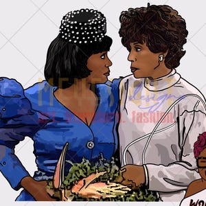 May include: Digital illustration of two women in a close embrace, one in a blue dress and a black hat with white dots, the other in a white top. A third woman is winking in the corner.