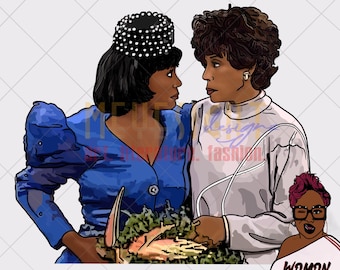 May include: Digital illustration of two women in a close embrace, one in a blue dress and a black hat with white dots, the other in a white top. A third woman is winking in the corner.