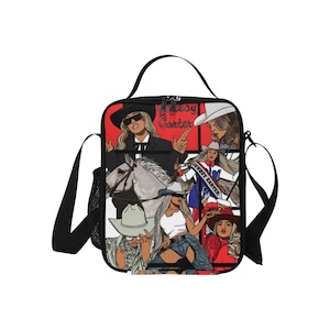 May include: Black lunch bag with a shoulder strap and a handle. The bag features a collage of illustrations with a red background. The illustrations include a woman wearing a cowboy hat and the text "Cowboy Carter".