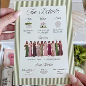 May include: A rectangular event information card with a green and white vertical striped border. The text includes The Details, Date, Venue, Bach, Dresses, and Event Timeline. It features illustrations of a calendar, house, and shell.
