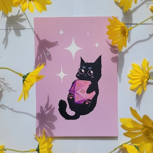 D20 kat print A5//Dnd, dobbelstenen, schattig, dier, fantasie, ttrpg, rpg, d20