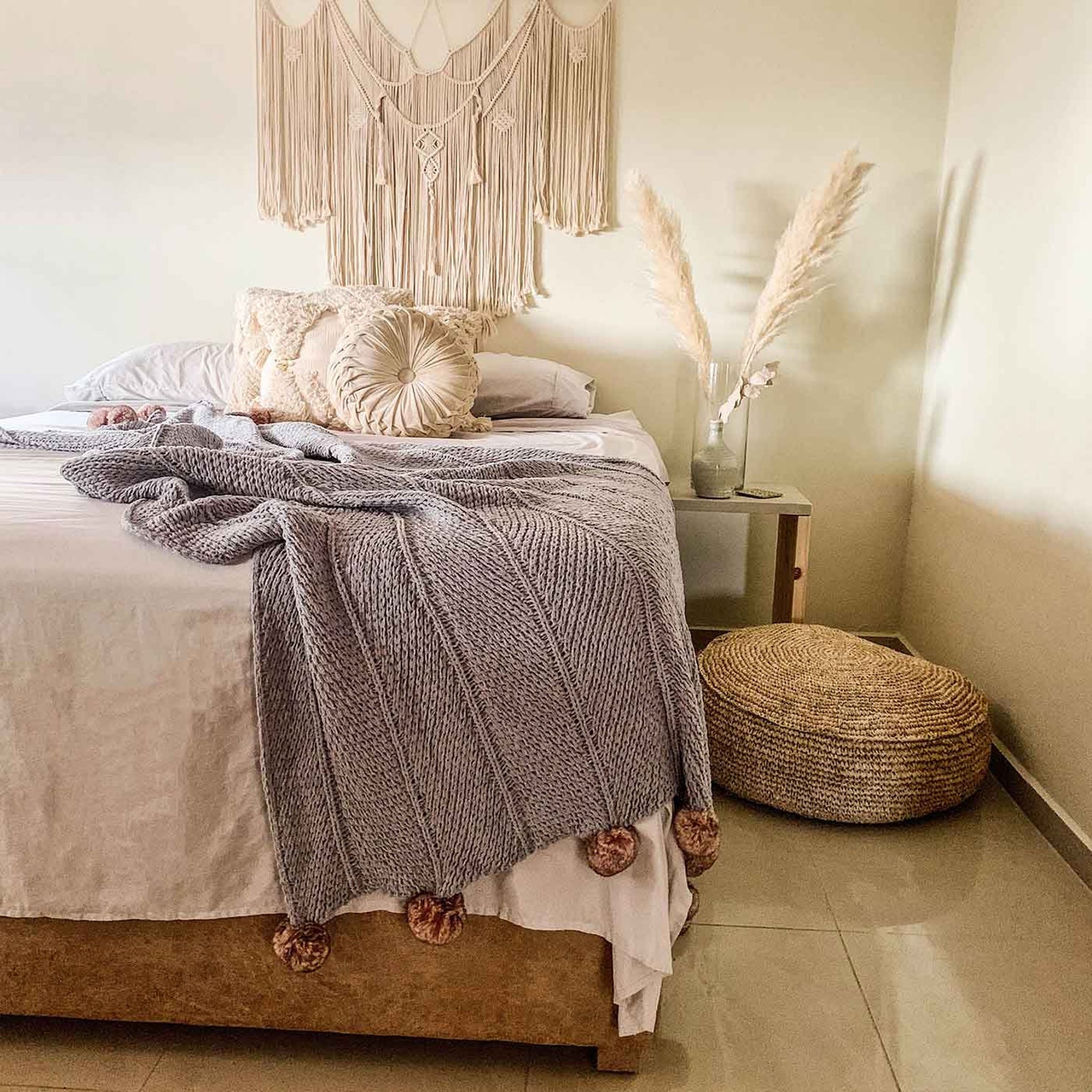 Pom Pom Blanket Grey Large Blanket Tassel Blanket Large Etsy