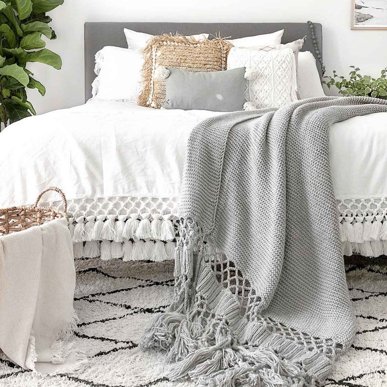 Long Tassel Throw Blanket Grey Pom Pom Throw Blanket Large Etsy