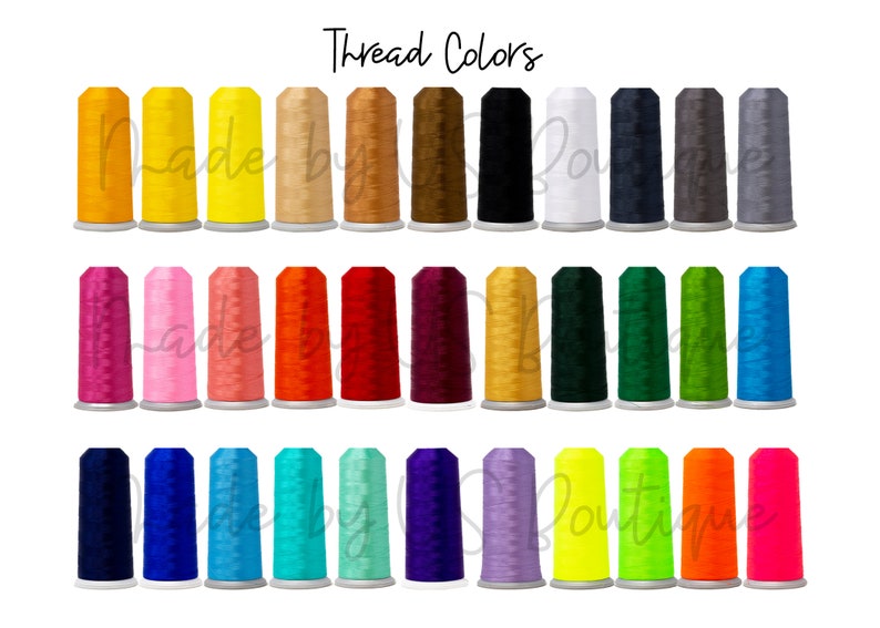 May include: An image showcasing a variety of thread colors. The image displays a collection of spools in shades of yellow, beige, brown, black, white, navy, gray, pink, orange, red, burgundy, gold, green, teal, purple, and neon colors. The text "Thread Colors" is at the top.
