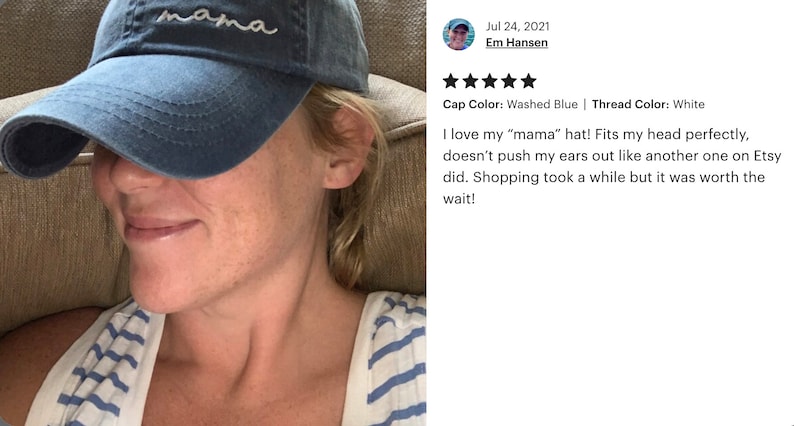 May include: Washed blue baseball cap with the word "mama" embroidered in white script. The hat is a classic six-panel design with a curved brim, perfect for casual wear.