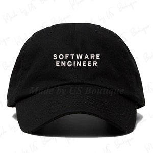 May include: A black baseball cap with the text "SOFTWARE ENGINEER" embroidered in white on the front.