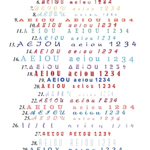 May include: A colorful chart with the letters AEIOU and the numbers 1234. The chart shows different variations of the letters and numbers in different colors and fonts.
