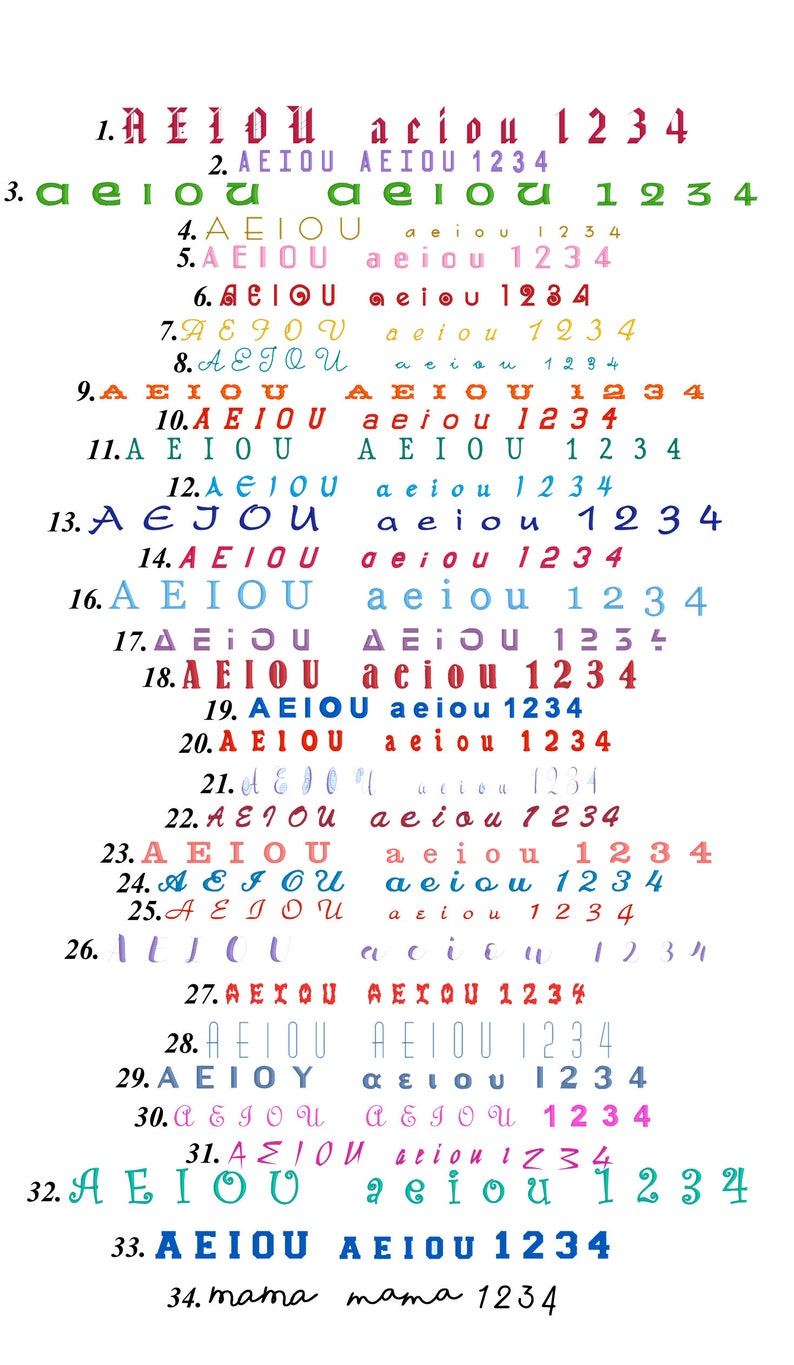 May include: A colorful chart with the letters AEIOU and the numbers 1234. The chart shows different variations of the letters and numbers in different colors and fonts.