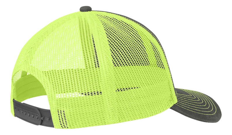 May include: A black and neon yellow trucker hat with a mesh back. The hat has a curved brim and a snap closure.