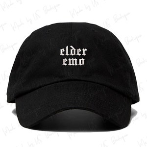 May include: A black baseball cap with white embroidered text that reads "elder emo".