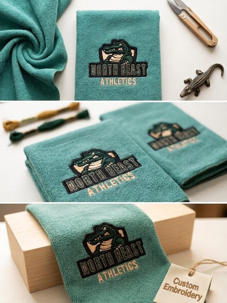 以下が含まれることがあります： 「NORTH BEAST ATHLETICS」の文字とワニのロゴが刺繍された、ターコイズ色のタオル。タオルは折りたたまれ、小さなアリゲーターの置物とハサミと一緒に展示されています。