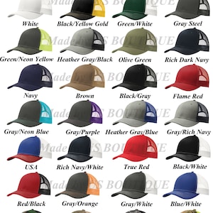 May include: A grid of 20 different color and pattern baseball caps. The caps are all the same style, with a mesh back and a curved brim. The colors include black, white, gray, red, blue, green, brown, khaki, and camo.