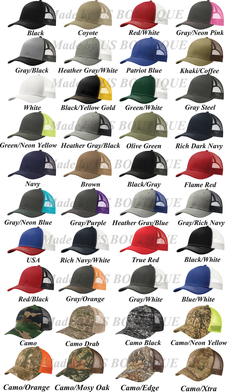 May include: A grid of 20 different color and pattern baseball caps. The caps are all the same style, with a mesh back and a curved brim. The colors include black, white, gray, red, blue, green, brown, khaki, and camo.