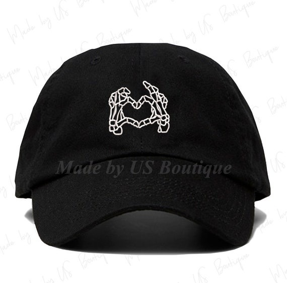 New Custom Designed Black Distressed Baseball Cap w Skeleton Emoji Heart/Hands il_fullxfull.6343710645_fkxe.jpg main image 4