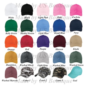 May include: A chart of 18 different colored baseball caps. The caps are arranged in three rows of six. The colors include white, black, light pink, pink, fuchsia, kelly green, hunter green, light blue, royal blue, navy, orange, red, purple, maroon, khaki, dandelion, washed black, light gray, washed blue, washed green, washed maroon, camo 1, camo 2, camo 3, and teal.