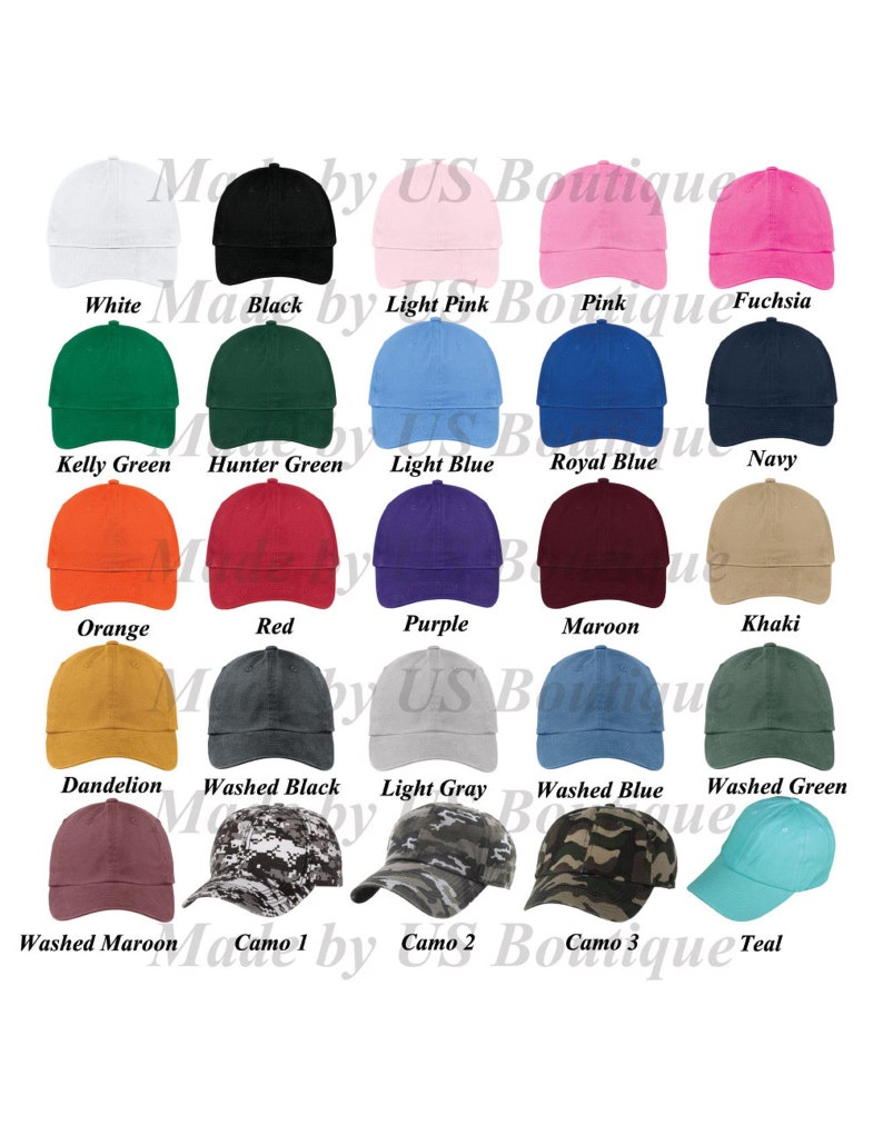 Image displaying 25 color options for baseball caps, arranged in a grid. The colors include White, Black, Light Pink, Pink, Fuchsia, Kelly Green, Hunter Green, Light Blue, Royal Blue, Navy, Orange, Red, Purple, Maroon, etc