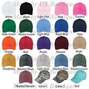 May include: A collection of baseball caps in various colors, including white, black, pink, green, blue, orange, red, purple, and camo. Each cap has a curved brim and adjustable strap. The text "Made by US Boutique" is visible.