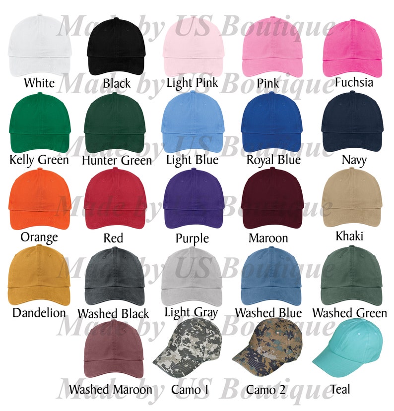May include: A collection of baseball caps in various colors, including white, black, pink, green, blue, orange, red, purple, and camo. Each cap has a curved brim and adjustable strap. The text "Made by US Boutique" is visible.