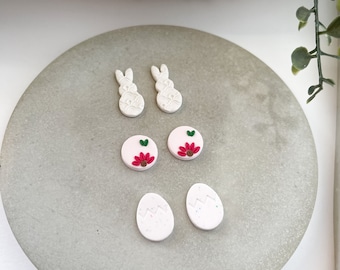 Polymer Clay Easter Stud Earrings: Bunny, Egg & Flower Designs