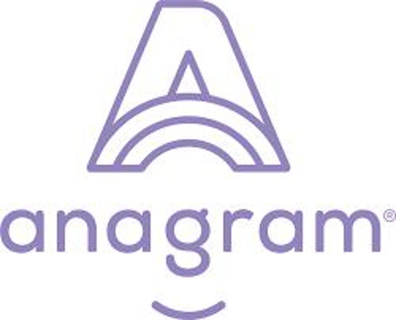 May include: A purple logo featuring the word "anagram" in a sans-serif font below a stylized letter "A" with a rainbow design. The logo is a simple, modern design.