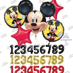 May include: A collection of Mickey Mouse-themed balloons, including a large Mickey head, star-shaped balloons, and round balloons with Mickey's image. Also includes black, gold, and red number balloons for birthdays or celebrations. The text "Amazing Celebration" is printed on the balloons.