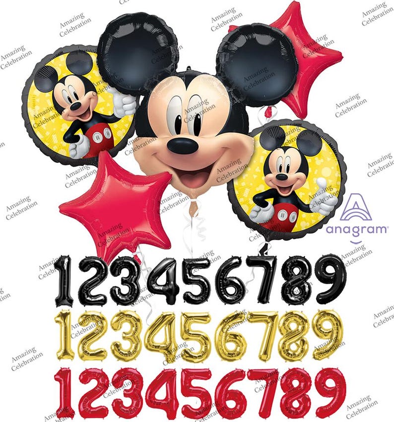 May include: A collection of Mickey Mouse-themed balloons, including a large Mickey head, star-shaped balloons, and round balloons with Mickey's image. Also includes black, gold, and red number balloons for birthdays or celebrations. The text "Amazing Celebration" is printed on the balloons.
