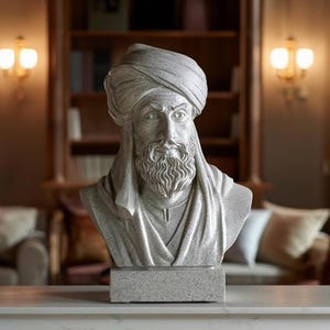 Peut inclure: Buste en pierre grise d'un homme avec un turban et une barbe, posé sur une cheminée en marbre blanc. Cette sculpture classique est idéale pour la décoration intérieure. L'arrière-plan comprend une bibliothèque et des appliques murales.