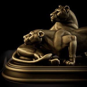 Lioness Pair Resin Statue • Hand-Painted 3D Printed Classical Animal Figurine • Lurking Lionesses Resin Sculpture • Gothic Decor