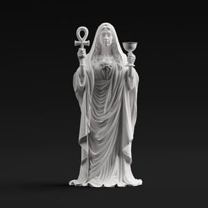 May include: A white matte statue of a robed figure wearing a hooded cloak. The figure holds an ankh symbol in the right hand and a chalice in the left hand. A rose emblem is centered on the chest area of the draped garment, which features folds.