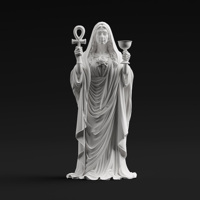 May include: A white matte statue of a robed figure wearing a hooded cloak. The figure holds an ankh symbol in the right hand and a chalice in the left hand. A rose emblem is centered on the chest area of the draped garment, which features folds.