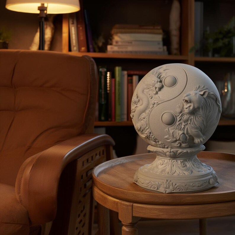 Peut inclure: Une sculpture sph&eacute;rique gris clair pr&eacute;sentant un relief de dragon et de lion dispos&eacute;s en motif yin-yang. La sph&egrave;re repose sur une base pi&eacute;destal d&eacute;corative et orn&eacute;e avec des sculptures complexes, cr&eacute;ant une surface d&eacute;taill&eacute;e et textur&eacute;e.