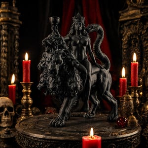 May include: A matte black sculpture of a crowned figure riding a three-headed lion, holding a chalice in one hand while a large snake coils behind the figure. The detailed figurine is positioned on a circular base surrounded by red candles.