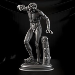 Resin Statue – Replik eines Faun mit Zimbeln – Tanzende mythologische Satyr Skulptur mit Panflöte, Weinlaub und Ziegenhaut