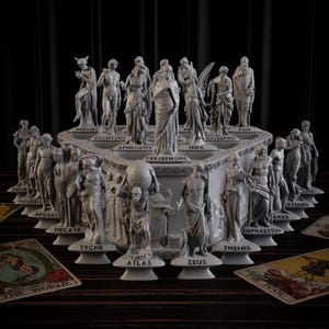 May include: A detailed, gray sculpture featuring numerous classical figures, including Zeus, Aphrodite, and Hermes, arranged around a central structure. The names of the figures are inscribed. Tarot cards are visible in the foreground.